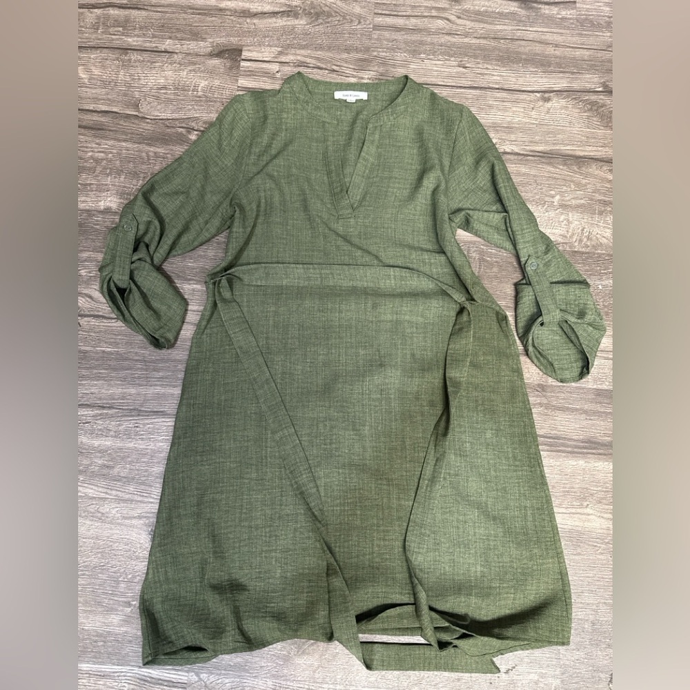 V-Neck Wrap Midi Dress with Tie Belt in Olive Green - Picture 2 of 9
